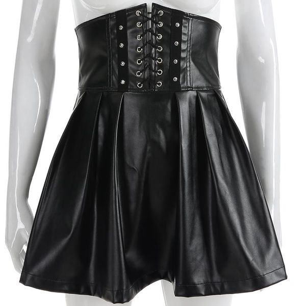 

skirts back zipper front bandage skirt womens pu leather gothic black moda mujer high waist festival pleated