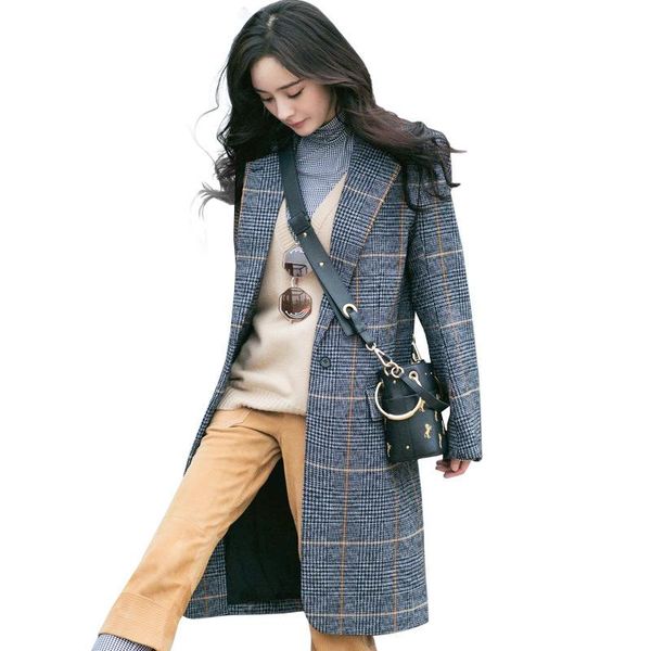 

women's wool & blends vintage wide-waisted long women coat plaid single-button winter jacket turn-down collar cashmere 2021, Black