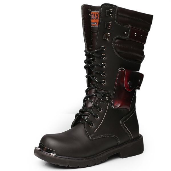 

men cowboy shoes long leather motorcycle boots luxury brand outdoor military boots men knee high combat boots safety shoes 2.5, Black