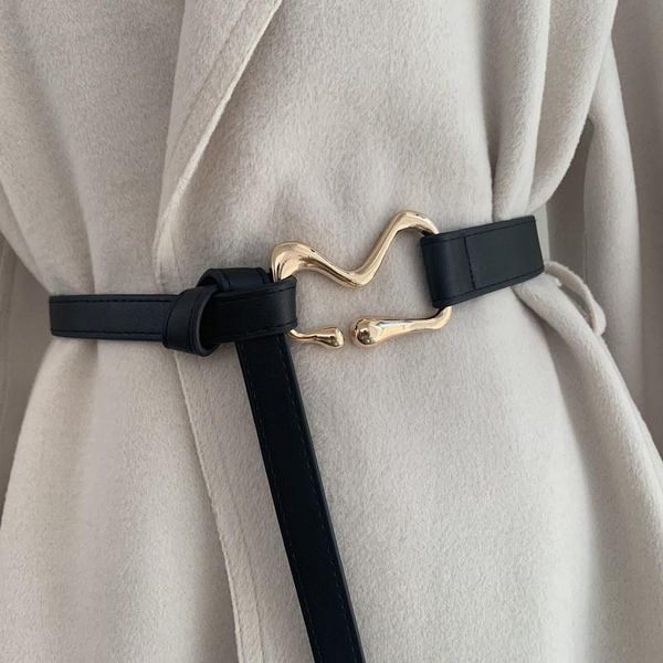 

belts pu leather for women gold buckle thin waist strap fashion knot brown black ladies dress belt female waistband, Black;brown