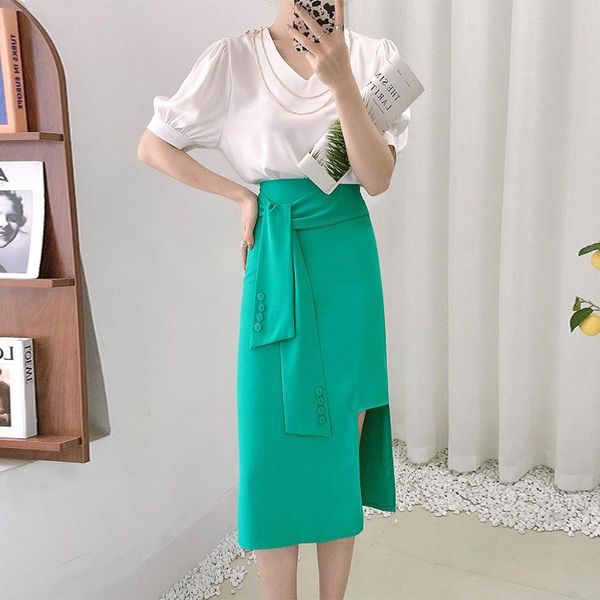 

women's blouses & shirts fashion irregular lace up midi skirt women v-neck chain puff sleeve blouse female solid office lady suit two p, White