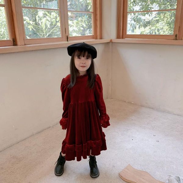 

girl's dresses 1 2 3 4 5 6 t baby birthday clothes autumn winter girl kids velvet ruffles dress children clothing princess party, Red;yellow