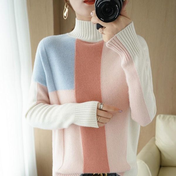 

women's sweaters 2021 fashion warm half turtleneck sweater striped loose pullover soft fleece fall/winter clothing, White;black