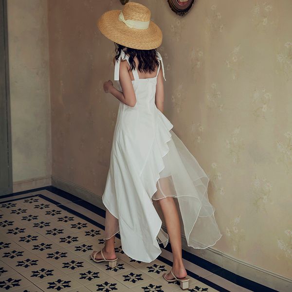 

2021 new mesh patchwork ruffle asymmetrical holiday women white backless ladies tunic long spaghetti strap slip 22j2, Black;gray