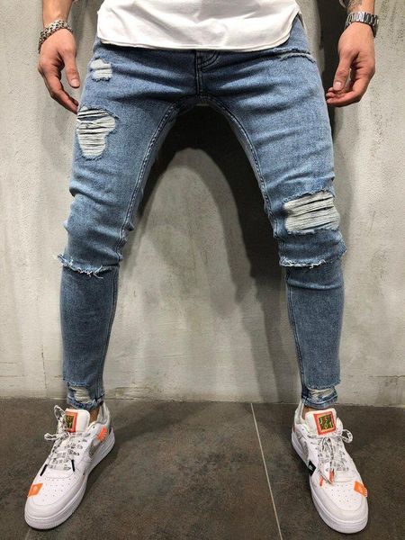 

men's jeans wimilous high street slim feet scratched denim trousers trendy youth ripped, Blue