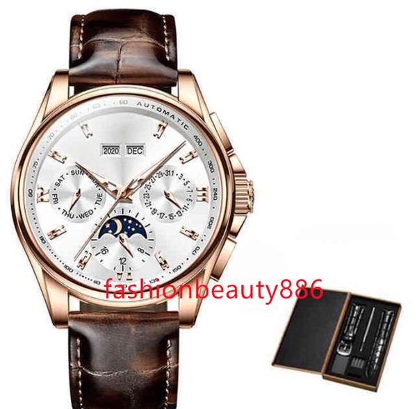 

mechanical wristwatches mens watches chronograph tungsten steel clock leather tape gmt moon phase automatic luxury watch, Slivery;brown