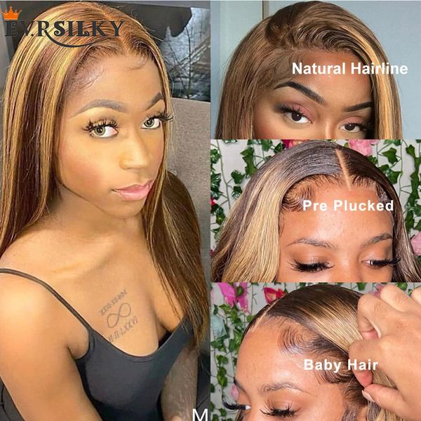 

highlights 13x4 lace front human hair wigs with bleached knots straight brown honey blonde brazilian 360 frontal wig 200density, Black