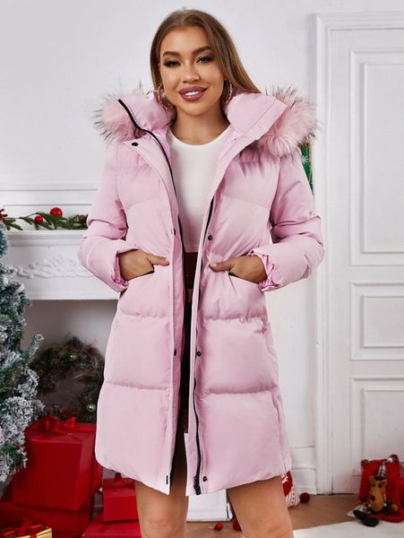 

dual pocket fuzzy trim hooded puffer coat z6kp#, Black