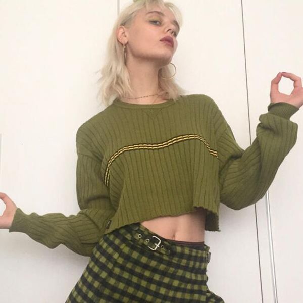 

2021 new vintage striped knitted sweater women autumn winter casual long sleeve crop retro chic streetwear oversize sweaters gasp, White;black
