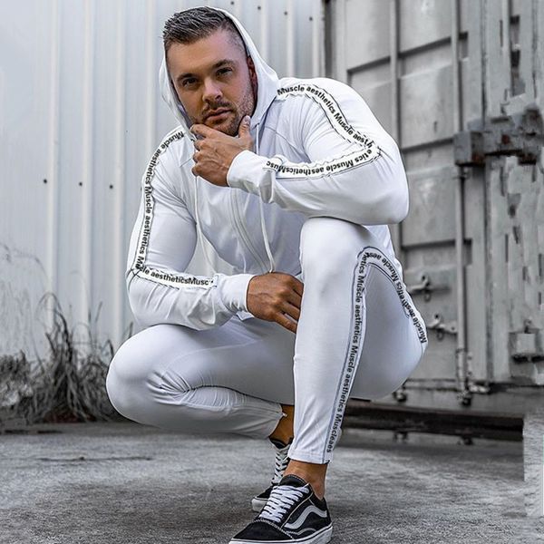 

new 2021 casual sportswear suit gym fitness tracksuit hoodies pants set men fashion zipper sweatshirt male cotton joggers sweatpants coat dv, Gray