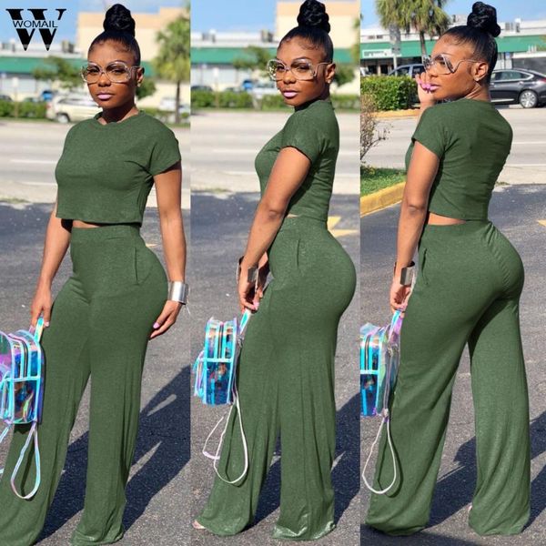 

womail women tracksuit summer casual 2 piece fashion short sleeve solid high waist wide leg pants suit sports holiday j620, Gray