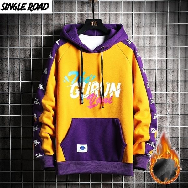 

singleroad mens winter hoodies men fleece yellow hoodie men sweatshirt hip hop patchwork harajuku japanese streetwear women 201020, Black