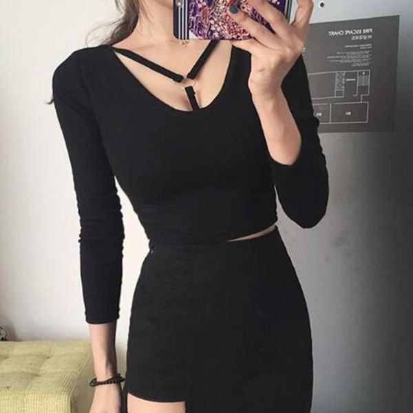 

women's t-shirt t shirt long sleeve black crop women 2021 spring autumn elasticity korean fashion high waist short t-shirts, White