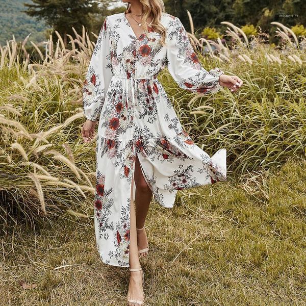 

bohemian long sleeve dress spring the loose trendy thin simple s printing v-neck casual dresses, Black;gray