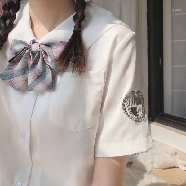 

spring women japanese badge embroidery blouse young girl student sweet cotton casual navy collar shirt college style women's blouses &, White