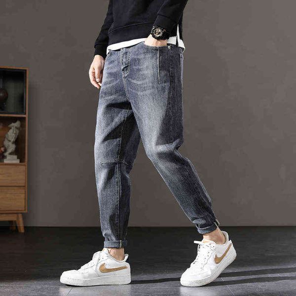 

men's jeans 2021 spring men's jeans slim fit small leg loose korean fashion casual pants harem pants, Blue