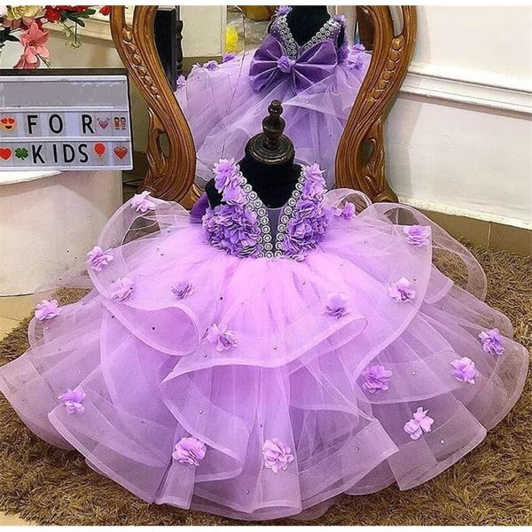 Baby Mädchen Kleid für Geburtstag Spitze Handgemachte Blumen Puffy Kinder Kleidung Kinder Party Kleid Große Schleife 210303