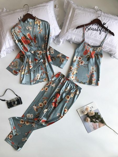 

2019 new 3 pcs women pajamas sets with pants pyjama satin flower print nightwear silk, Black;red