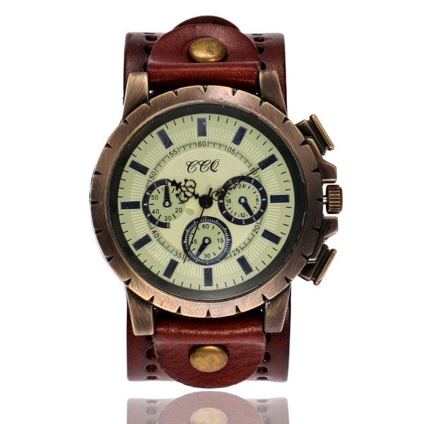 

wristwatches vintage genuine leather three eyes dial watches casual luxury men antique wrist watch quartz ccq relogio masculino, Slivery;brown