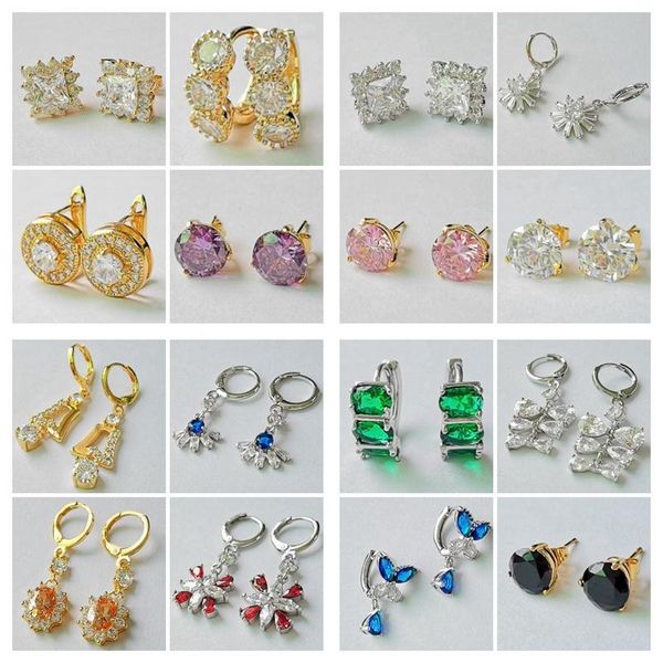 

hoop & huggie 12pair/lots elegant lady cz rhinestone crystal huggies earrings women round square hanging earings wholesale jewelry gifts, Golden;silver