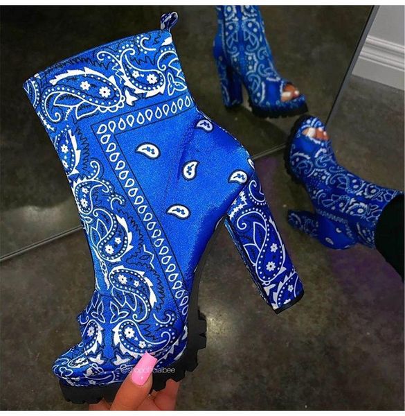 

boots women ankle platform print leather bandana graffiti shoes casual zip footwear ladies peep toe square heel 2021 plus size, Black
