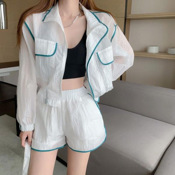 

women's tracksuits jmprs korean women beach two piece set translucent summer long sleeve sun protection shirt casual sweatpants shorts, Gray