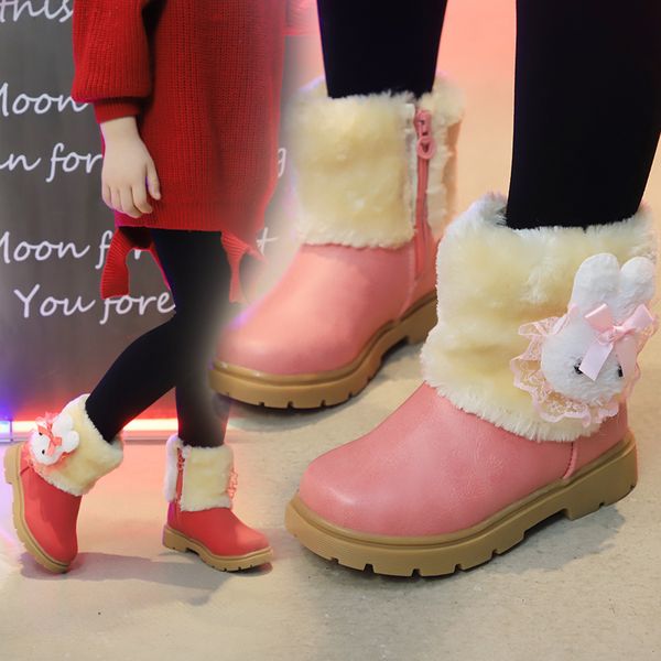 

Childrens Rubber Boots Winter Snow Boots Warm Thick Cotton Plush Cute Cartoon Rabbit Girls Boots With Lace Bow-knot Kids 21-30, Brown