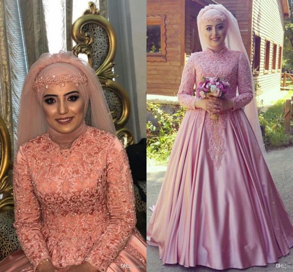 Abiti da sposa musulmani arabi rosa in pizzo con perline vintage a maniche lunghe con collo alto e abito da sposa principessa hijab