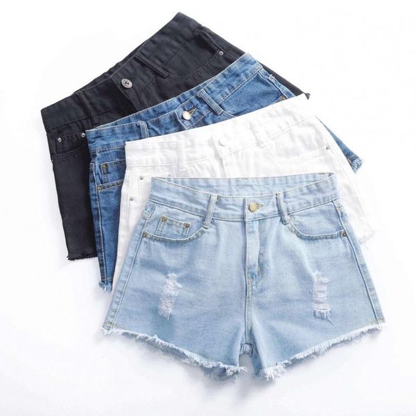 

women's jeans women summer white black blue denim ripped hole scratch shorts high waist fashion girls cotton mokijins