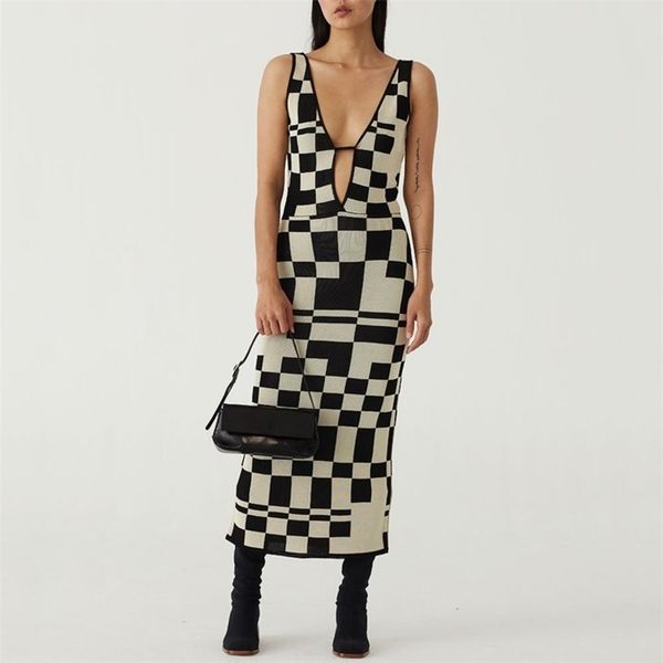 

women's knitted dress bodycon party dresses backless plaid print spaghetti strap hollow out vestidos summer women dresses 211026, Black;gray