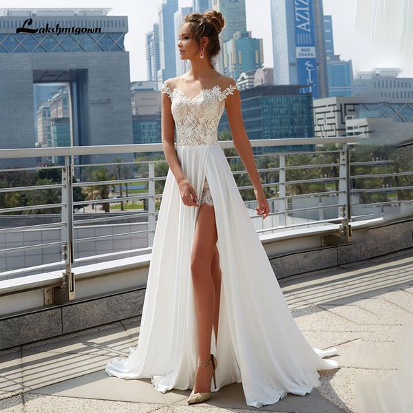 

new laksgmigownsweetheart lace wedding beach vestido novia 2021 side slit long chiffon bridal gown robe de mariee 6656, White