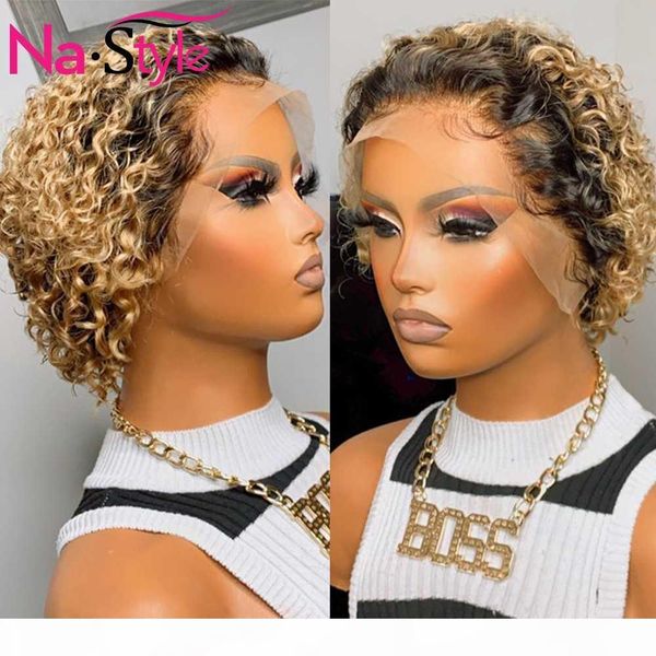 

colored human hair wigs for black women pixie wig human hair 13x4 1b 30 blonde lace front wig colored curly bob remy wigs 130%, Black;brown