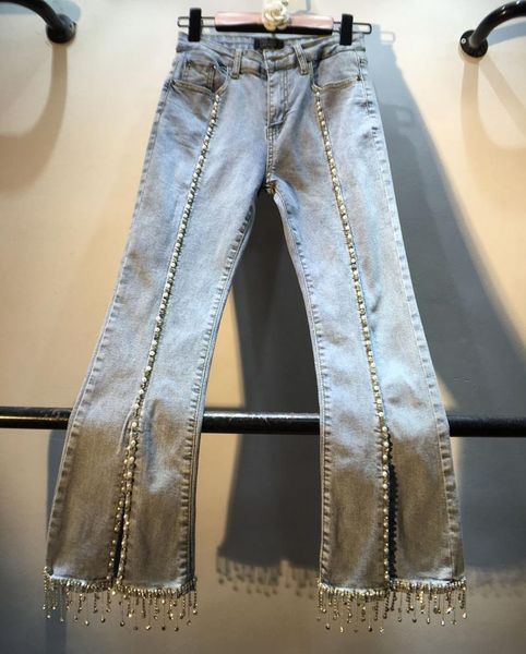 

women's jeans industry beads tassels diamond high-waisted slim fit flare women spring denim trousers fashion pants students, Blue