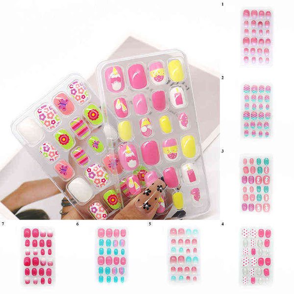 

false nails 24pcs/set candy false nail tips children cartoon full cover kid glue self fake s press on art for girls manicure 220225, Red;gold