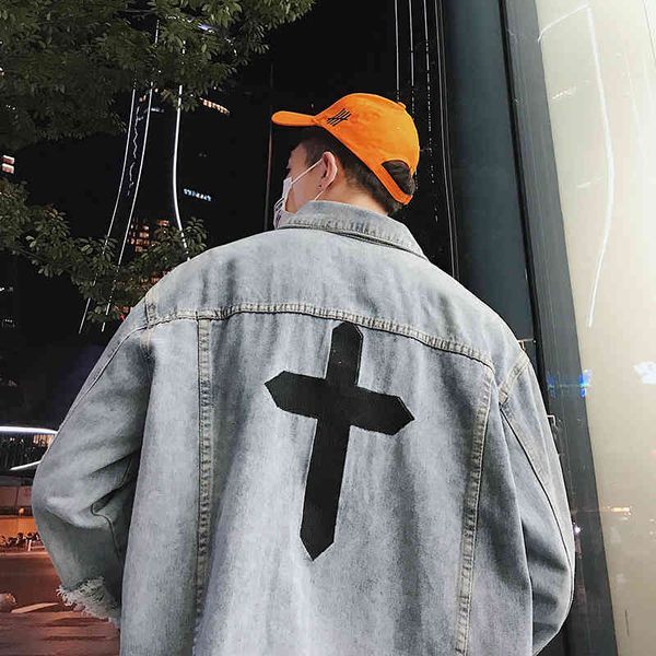 

cross embroidered coat men's autumn loose denim fashion hip hop jacket, Black;brown