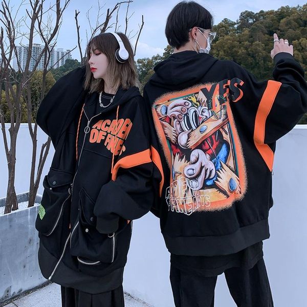 

men's hoodies & sweatshirts autumn winter plus velvet warm ziper jacket men women loose oversize hooded hip hop cartoon print hoodie co, Black