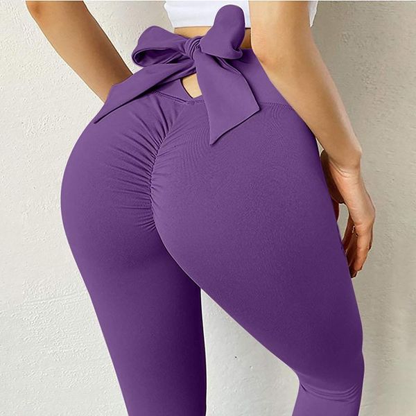 

yoga outfit leggings sport women fitness fashion ladies bandage bow tie pure color hip lifting elastic running gym pants