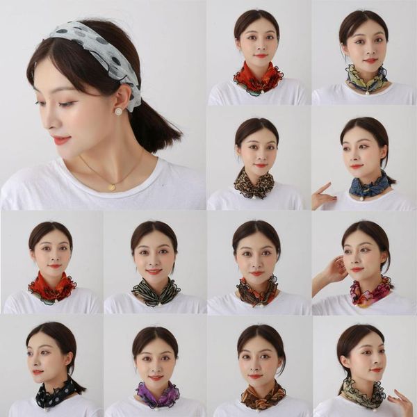 

Fashion Pearl Lace Headwear Scarf For Women Leopard Silk Chiffon Scarf Hair Bands Hair Elastic 2021 Pearl Headband&Scarf, Blue;gray