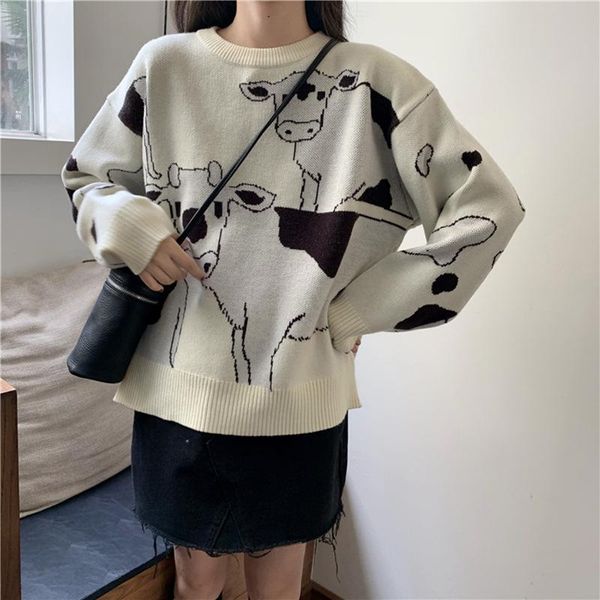 

vintage casual loose lazy cow sweater female korean harajuku women's sweaters japanese kawaii cute ulzzang clothing for women, White;black