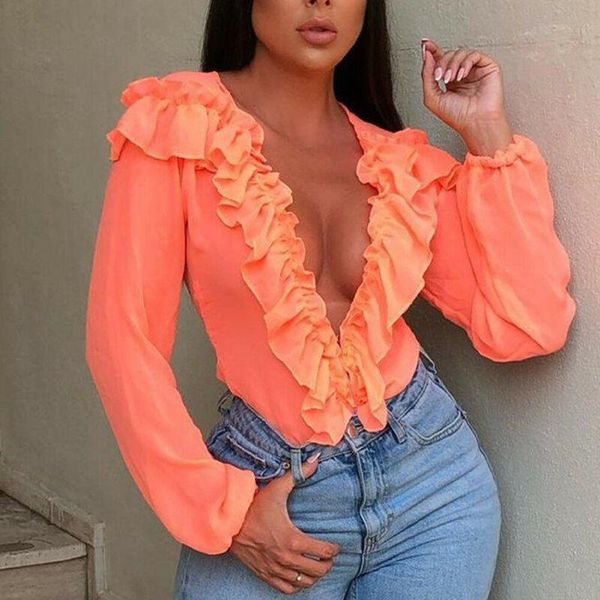 

women's blouses & shirts 2021 hip women mesh sheer ruffles ladies long sleeve solid autumn deep v-neck, White