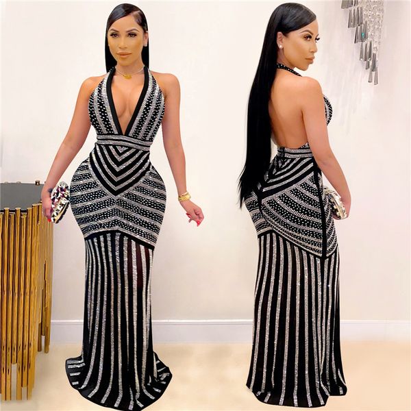 

diamonds bodycon party maxi dress night club deep v neck backless mermaid dress women striped dress sheer mesh black, Black;gray