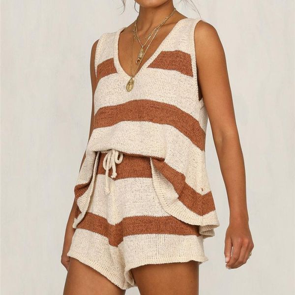 

summer new arrival holiday vocation women two piece sets sleeveless striped and shorts plus size 2 piece set, Gray