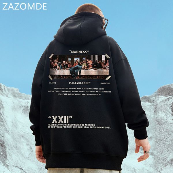 

ZAZOMDE Retro Pattern Hoodi Pullover Oversized Warm Harajuku Hoody Men Street Fashion Punk Casual loose Hooded Sweatshirt, Black