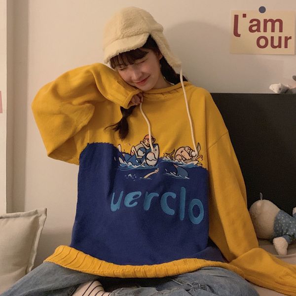 

2021 new college style childlike cartoon embroidery knit color matching sweater women tide tbqk, White;black