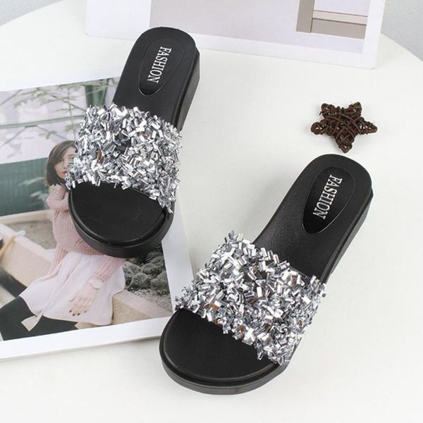 

slippers slipper women's fashion girls shiny low heel shoes flat bottom non-slip beach round toe slip-on outdoor summer women 2021, Black