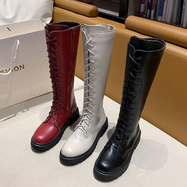

boots 2021 red combat women fashion gothic shoes winter warm plush black white leather mid calf