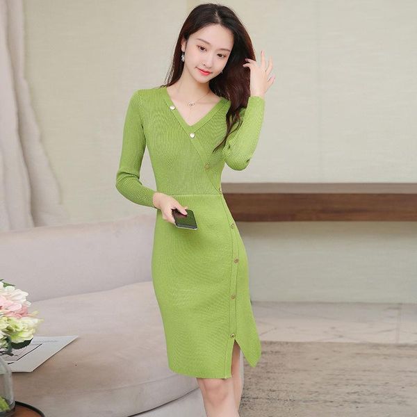 

women 2021 autumn winter warm sweater dresses female v-neck soft long sleeve slim bodycon warm casual dress knivestidos a455, Black;gray