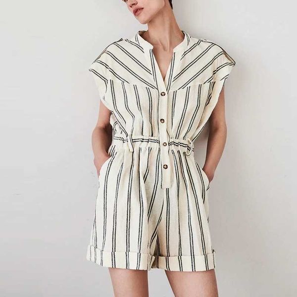 

casual summer striped playsuits short sleeve v neck high waist wide leg shorts jumpsuits women vacation rompers 210525, Black;white