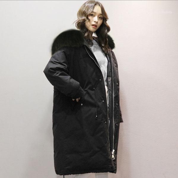 

women's down & parkas ladies beige/black/pink/gray color loose casual jacket coat long winter real fur collar overcoat female thick hoo