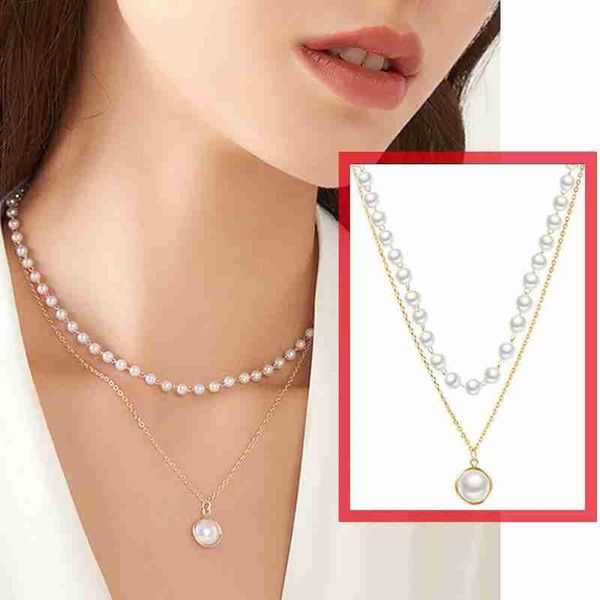 

chains women's neck chain vintage simple double pearl necklace pendant short neckband accessories charm jewelry gift, Silver